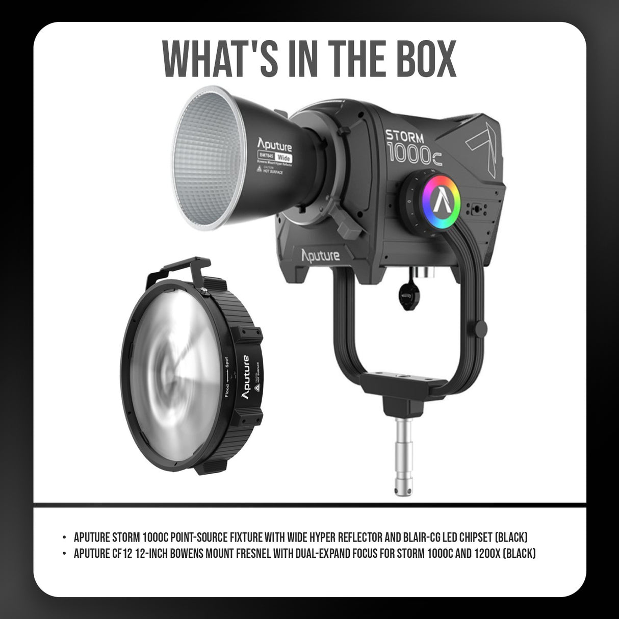 Aputure Storm 1000c Point-Source Fixture with Wide Hyper Reflector (Black) with Fresnel Bundle