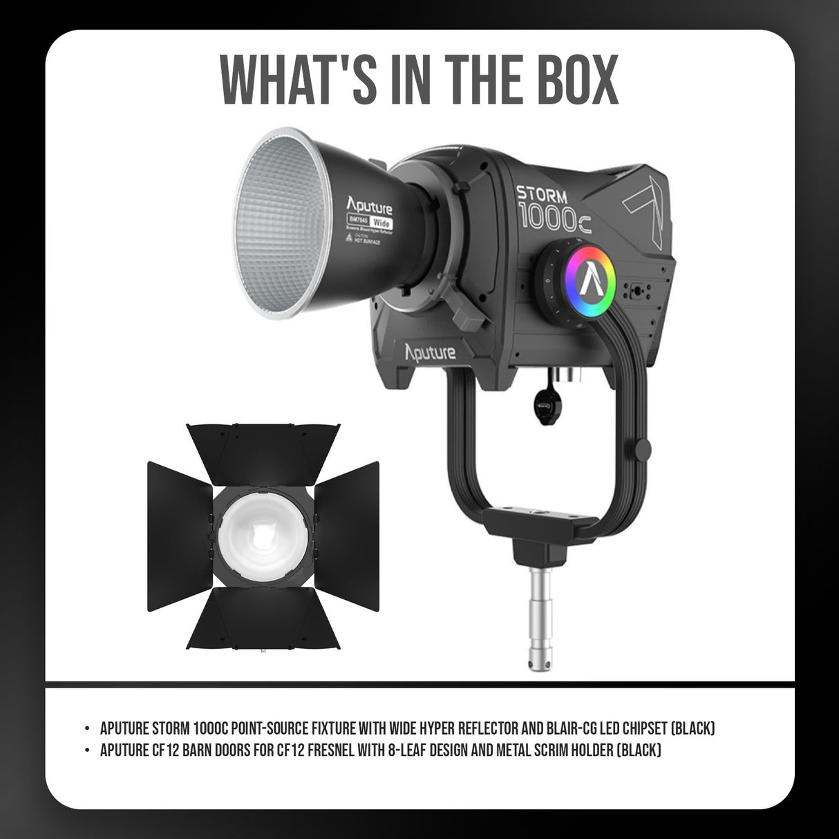 Aputure Storm 1000c Point-Source Fixture with Wide Hyper Reflector (Black) with Barn Doors Bundle