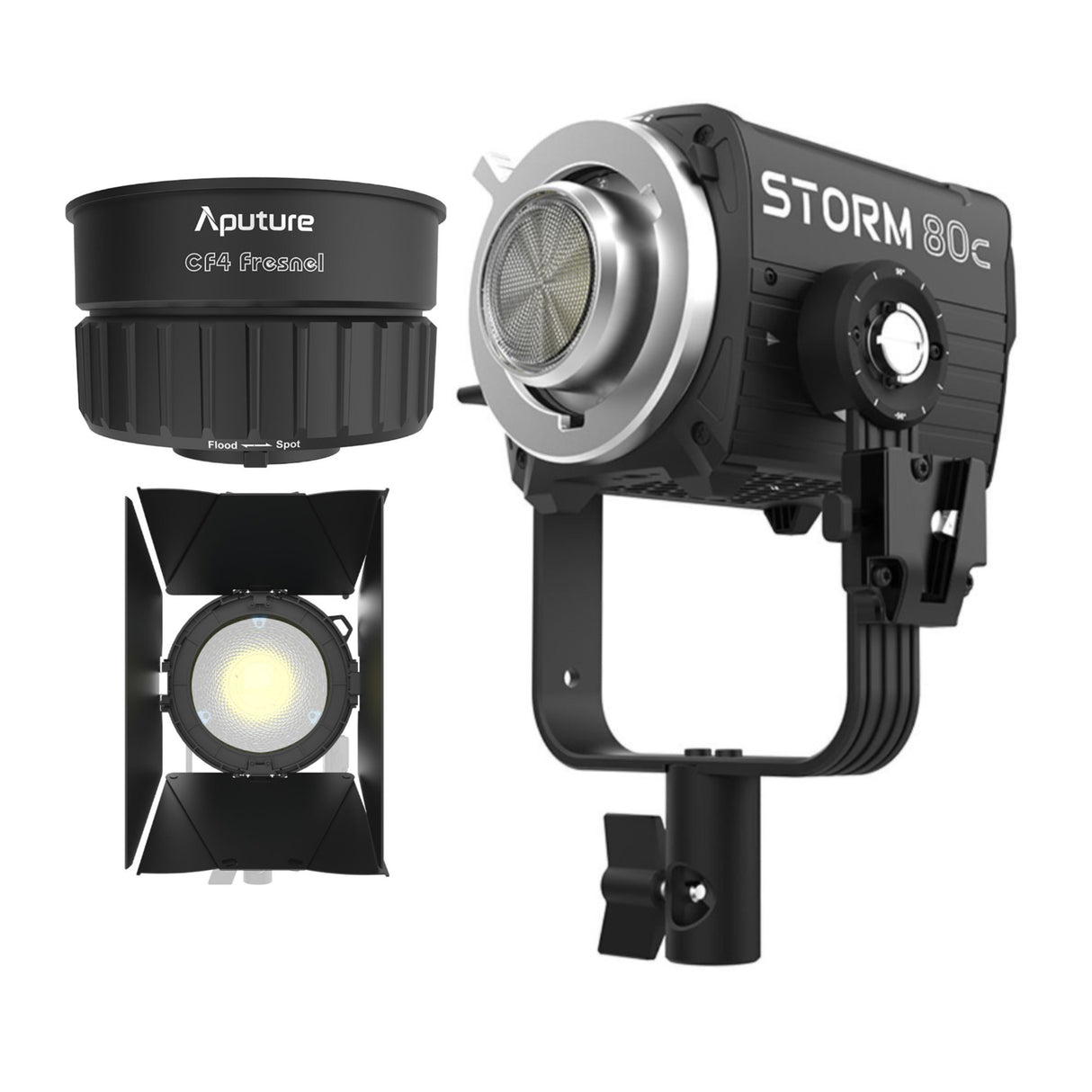 Aputure STORM 80c 80W Tunable Color Point Source Black Fixture with Aputure CF4 Fresnel Bundle