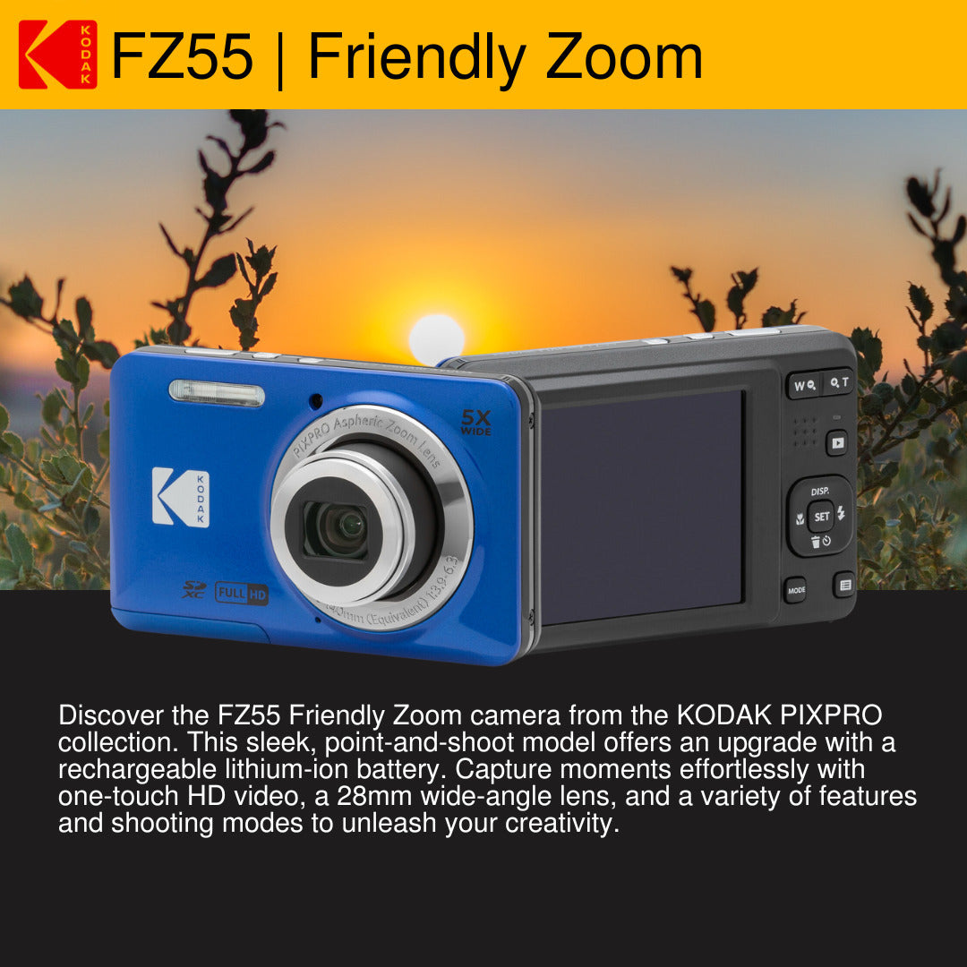 Kodak PIXPRO Friendly Zoom FZ55 Digital Camera (Blue) with Camera Screen Protectors Bundle