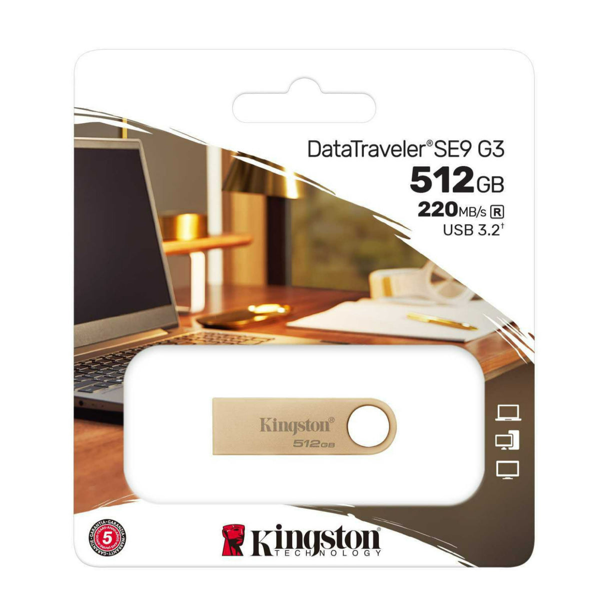 Kingston DataTraveler SE9 G3 USB 3.2 Gen 1 Flash Drive with All-Metal Gold Casing (512GB)