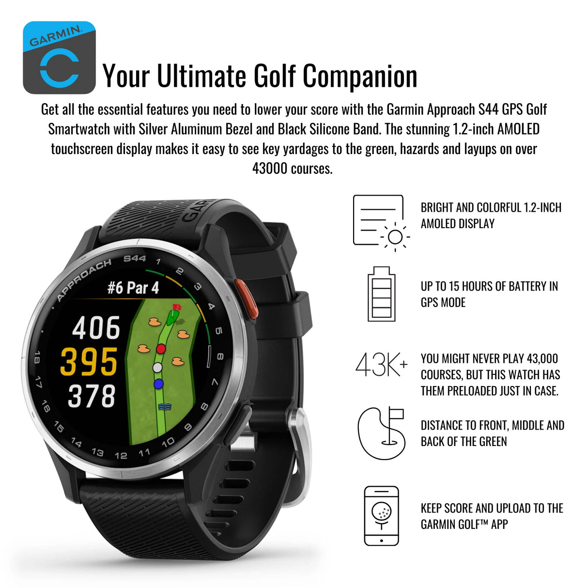 Garmin Approach S44 GPS AMOLED Golf Smartwatch (Silver Aluminum Bezel, Black Silicone Band) Bundle