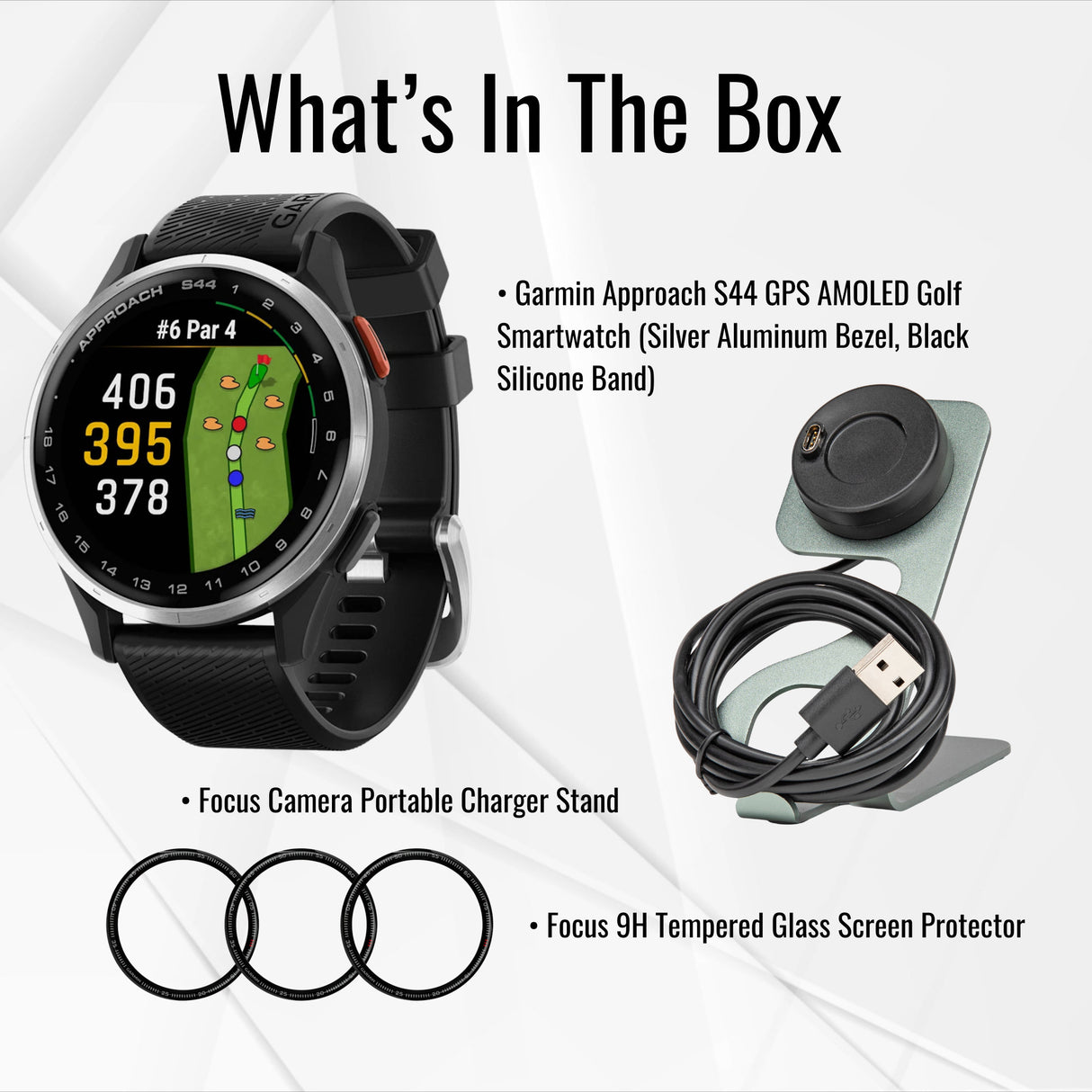 Garmin Approach S44 GPS AMOLED Golf Smartwatch (Silver Aluminum Bezel, Black Silicone Band) Bundle