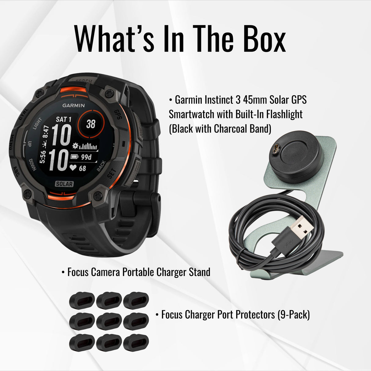 Garmin Instinct 3 45mm Solar GPS Smartwatch with SatIQ Technology (Black) and Charger Stand Bundle