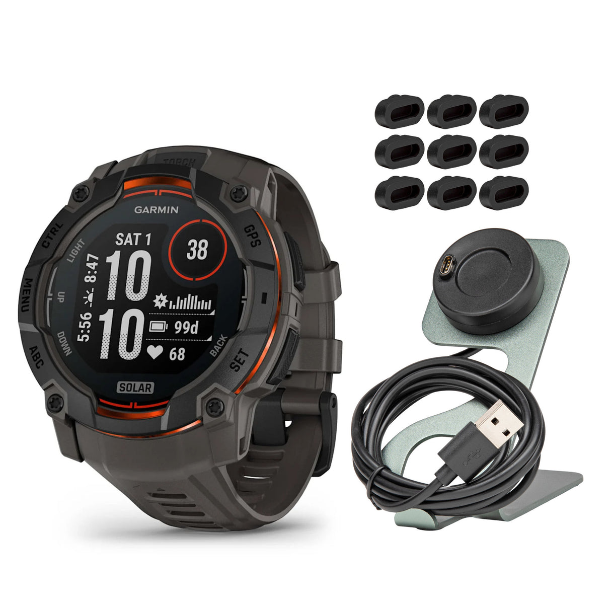 Garmin Instinct 3 50mm Solar GPS Smartwatch (Black with Charcoal Band) and Charger Stand Bundle