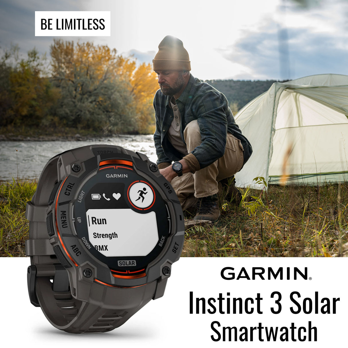 Garmin Instinct 3 50mm Solar GPS Smartwatch (Black with Charcoal Band) and Charger Stand Bundle