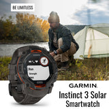 Garmin Instinct 3 50mm Solar GPS Smartwatch (Black with Charcoal Band) and Charger Stand Bundle