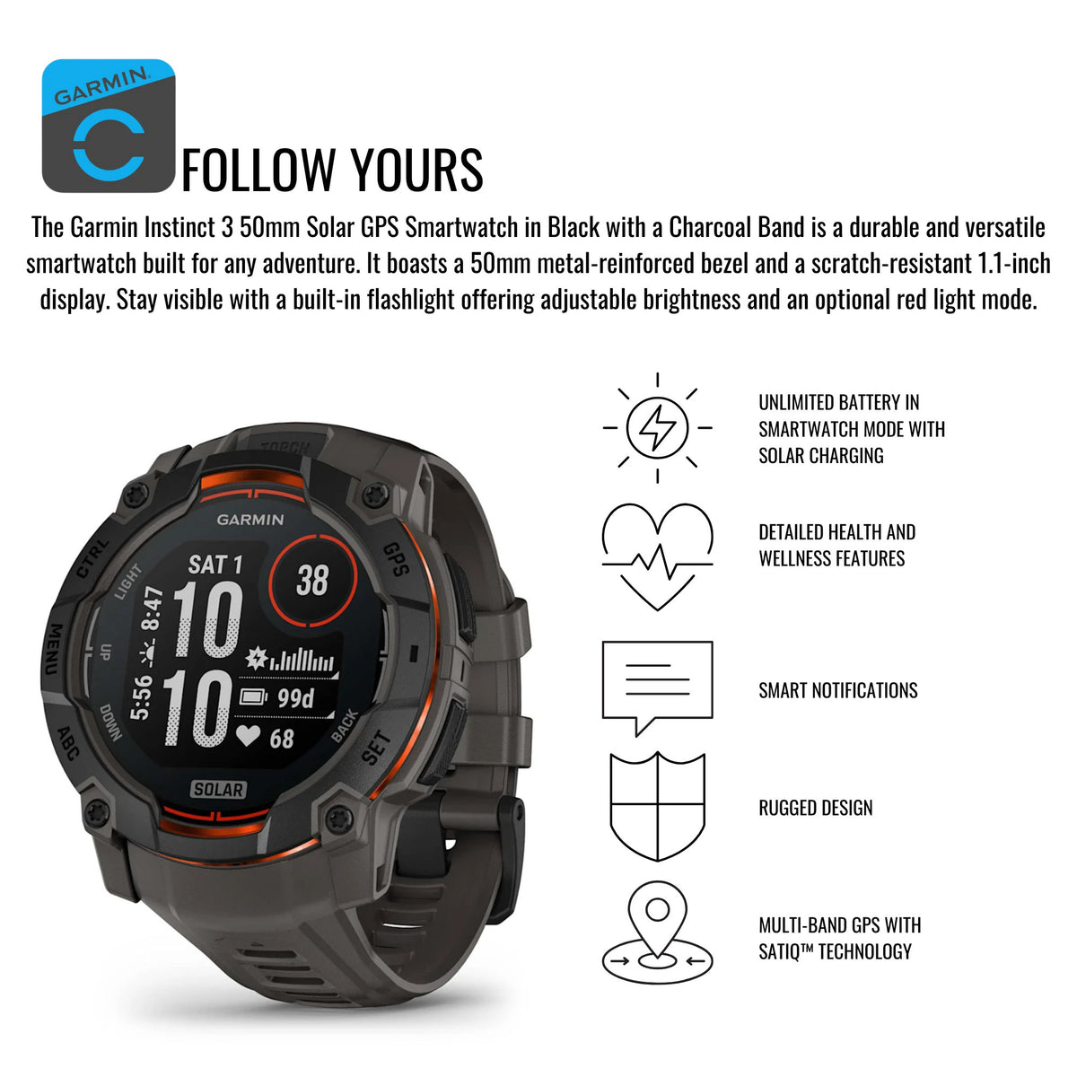 Garmin Instinct 3 50mm Solar GPS Smartwatch (Black with Charcoal Band) and Charger Stand Bundle