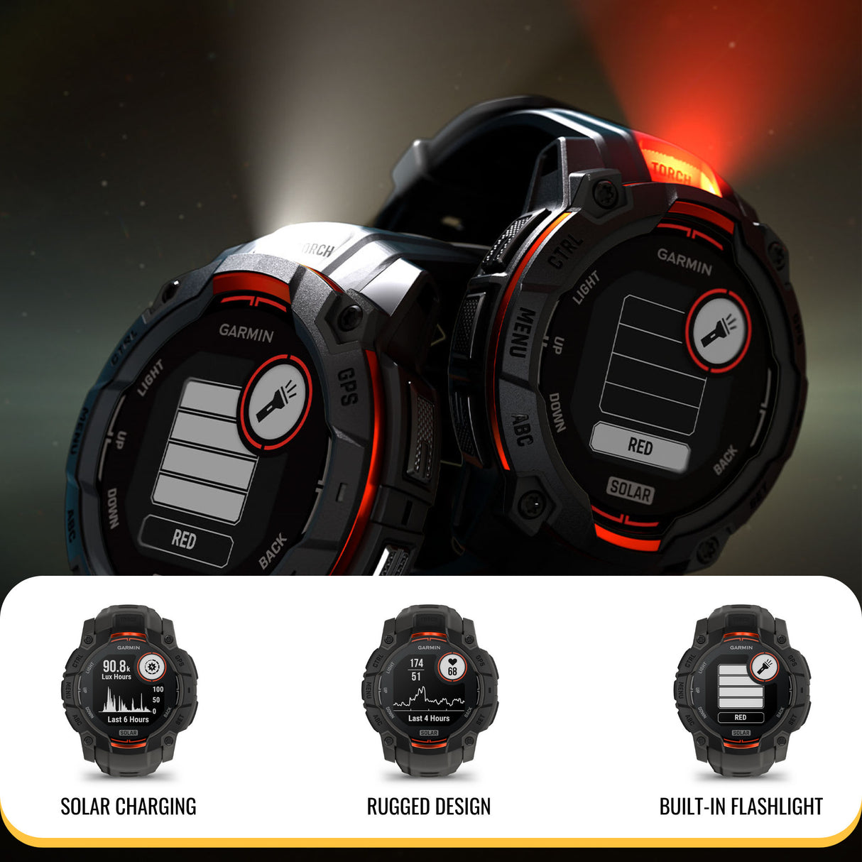 Garmin Instinct 3 50mm Solar GPS Smartwatch (Black with Charcoal Band) and Charger Stand Bundle