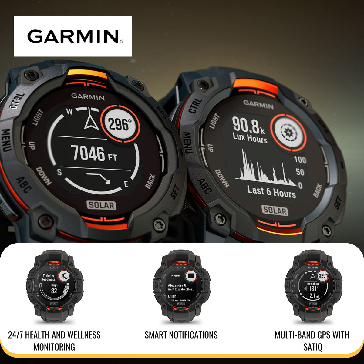 Garmin Instinct 3 50mm Solar GPS Smartwatch (Black with Charcoal Band) and Charger Stand Bundle