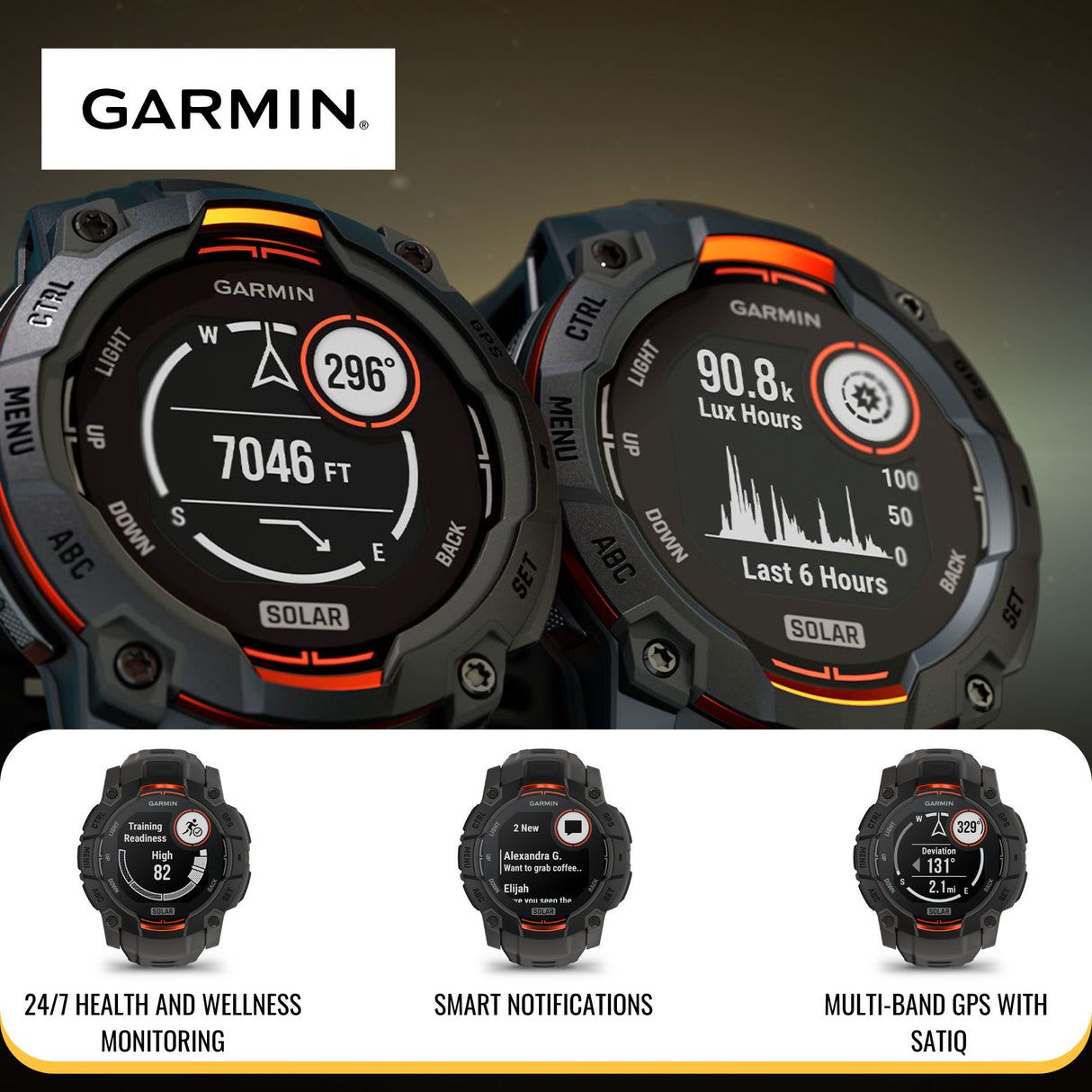 Garmin Instinct 3 50mm Solar GPS Smartwatch (Black with Charcoal Band) and Charger Stand Bundle