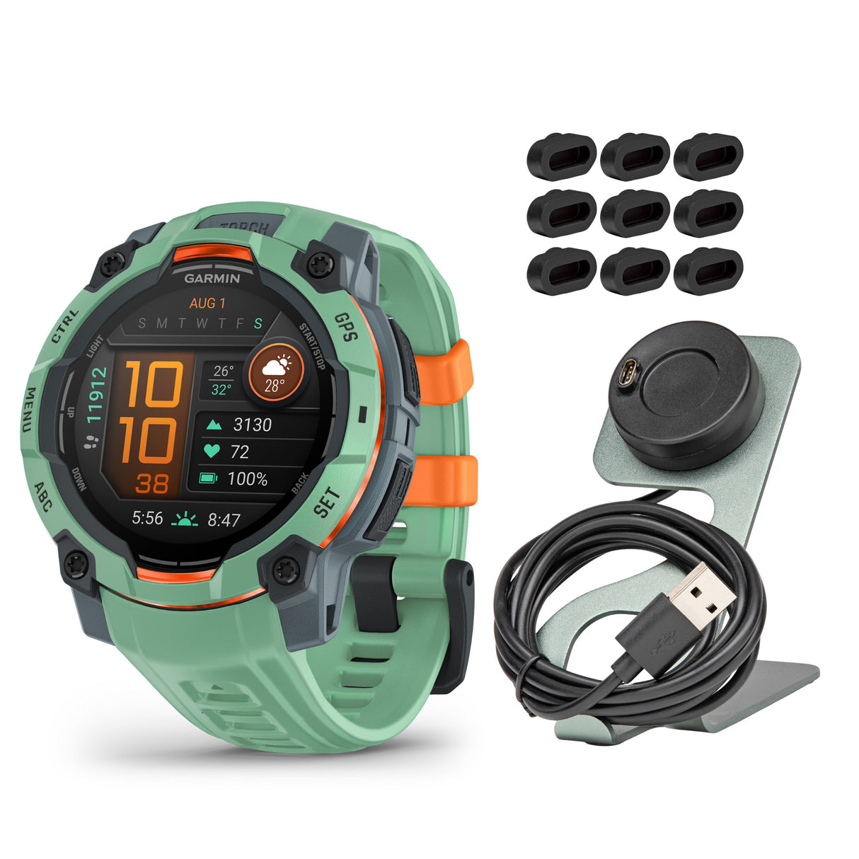 Garmin Instinct 3 45mm AMOLED GPS Smartwatch (Neo Tropic) and Focus Camera Charger Stand Bundle