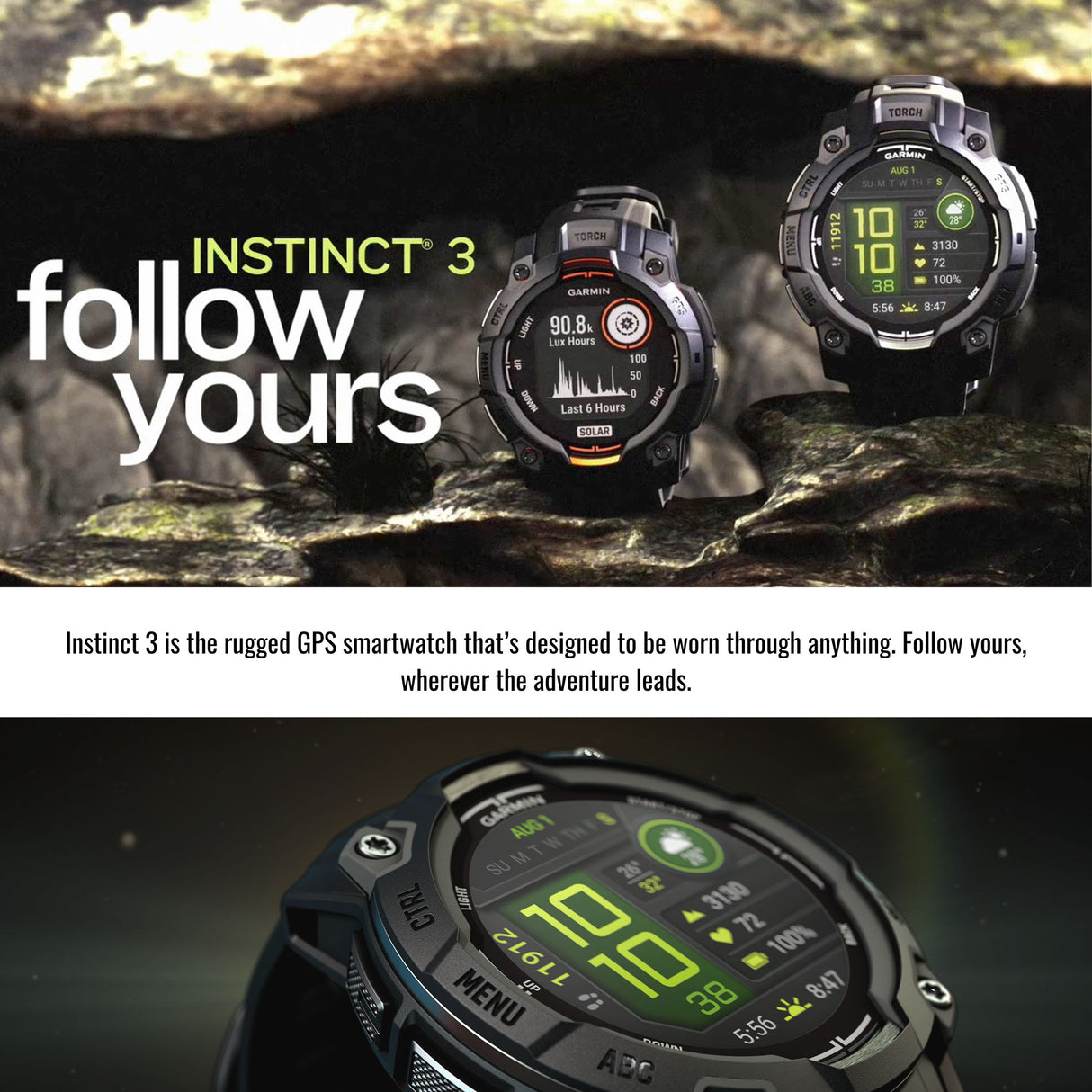 Garmin Instinct 3 45mm AMOLED GPS Smartwatch (Neo Tropic) and Focus Camera Charger Stand Bundle