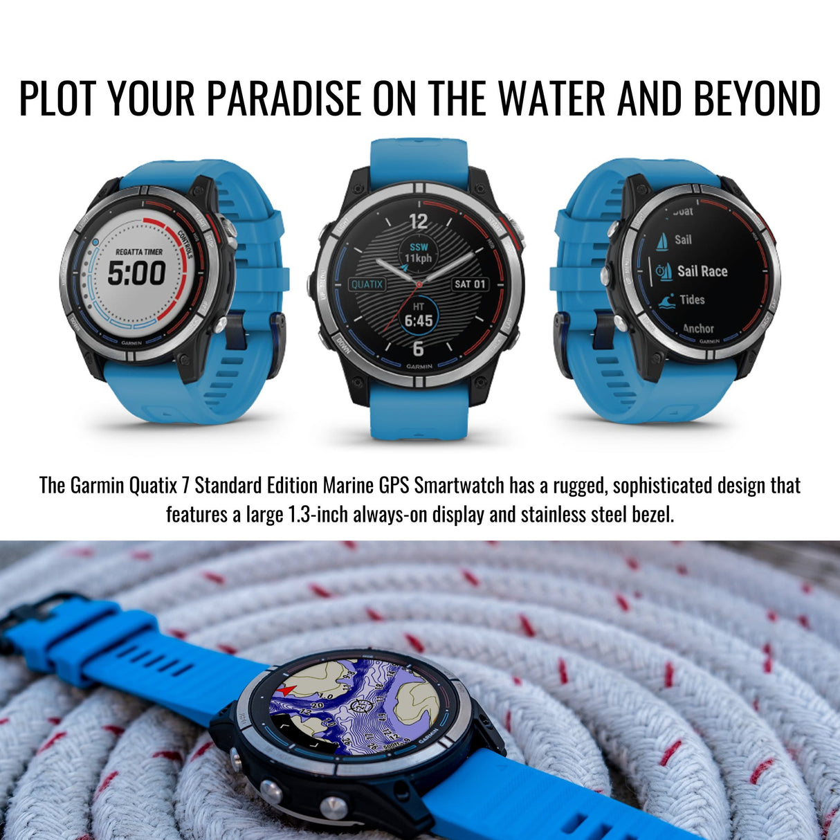 Garmin quatix 7 Standard Edition Marine GPS Smartwatch and Focus Camera Charger Stand Bundle