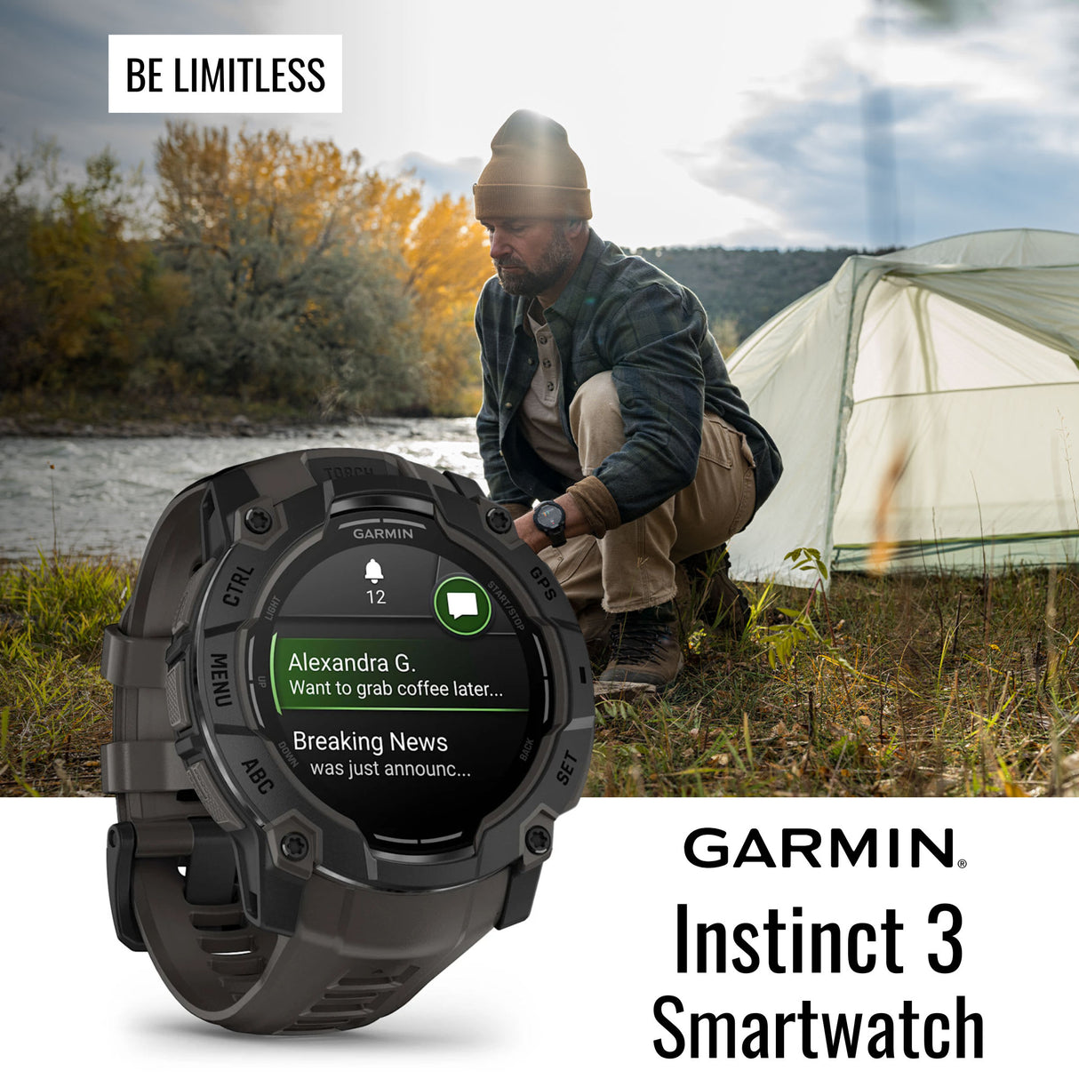 Garmin Instinct 3 50mm AMOLED GPS Smartwatch (Black and Charcoal Band) and Charger Stand Bundle
