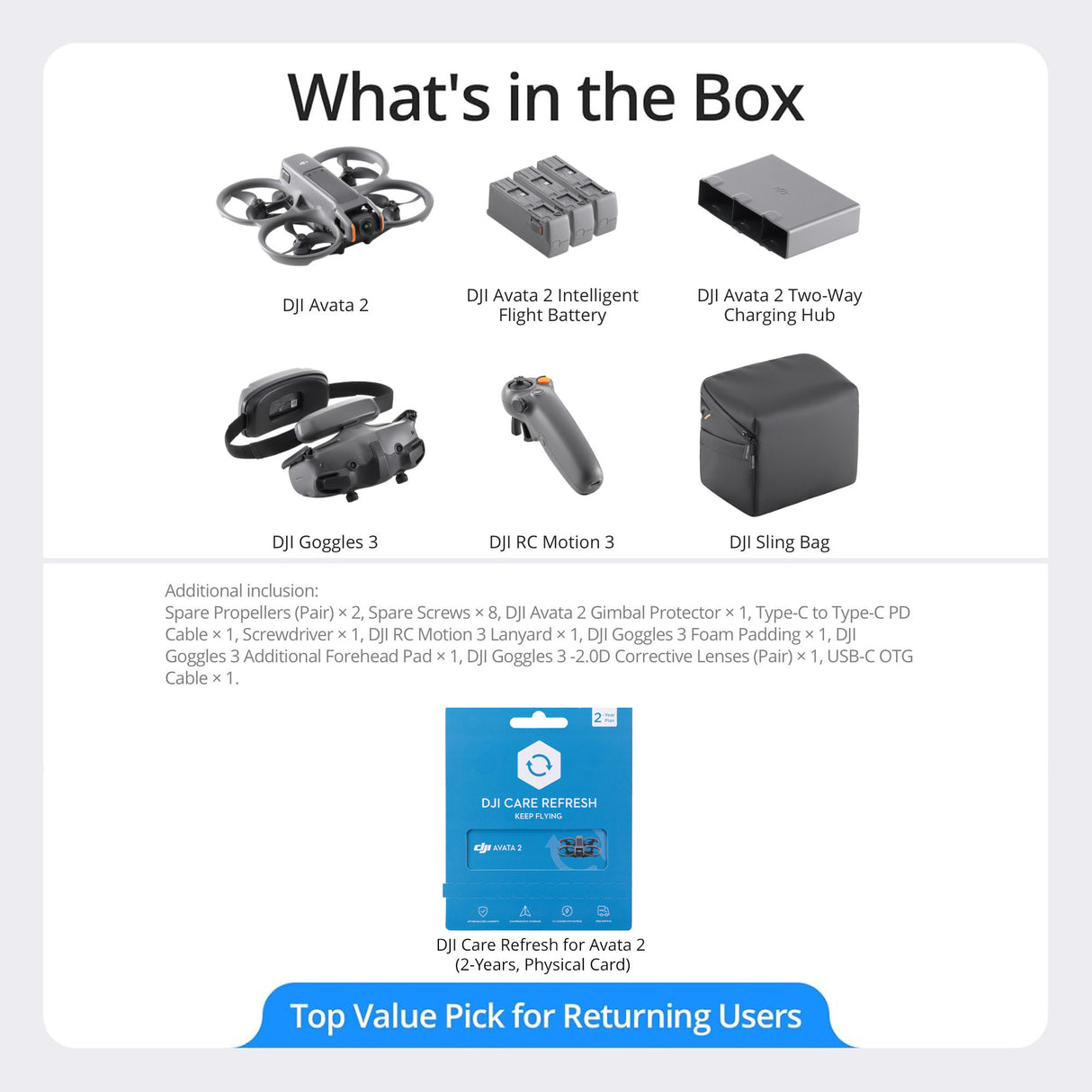 DJI Avata 2 FPV Fly More 3-Batteries Combo Drone with Care Refresh 2-Year Physical Plan Card Bundle