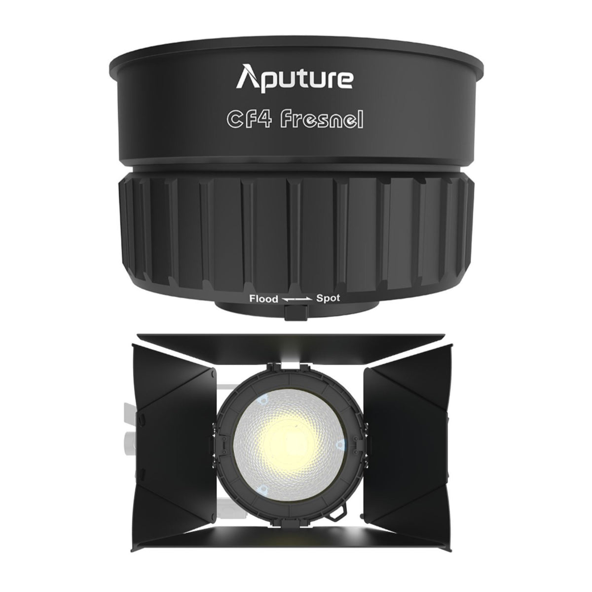 Aputure CF4 Fresnel for Storm 80c Fixture with 4-Inch Diameter Lens (Black) and CF4 Barn Door Bundle