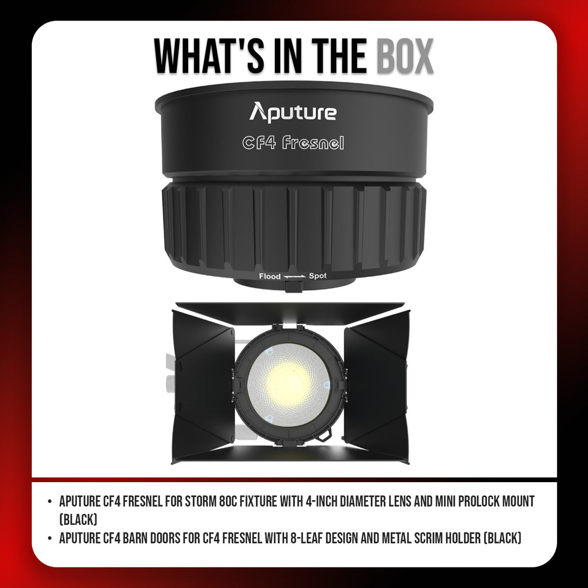 Aputure CF4 Fresnel for Storm 80c Fixture with 4-Inch Diameter Lens (Black) and CF4 Barn Door Bundle