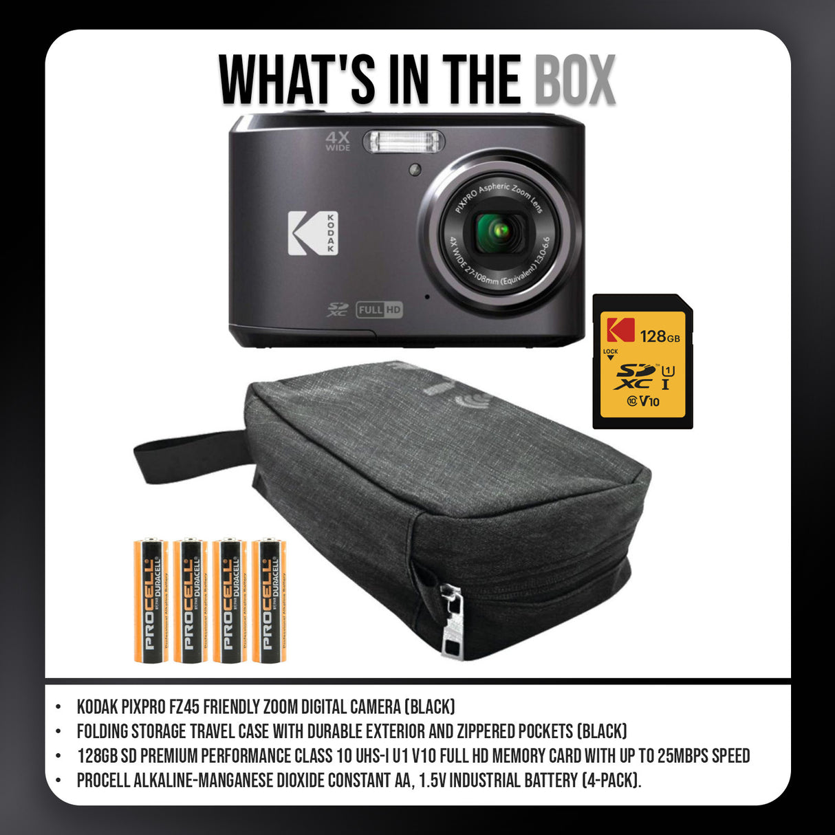 Kodak PIXPRO FZ45 Friendly Zoom Digital Camera (Black) and Folding Storage Travel Case Bundle