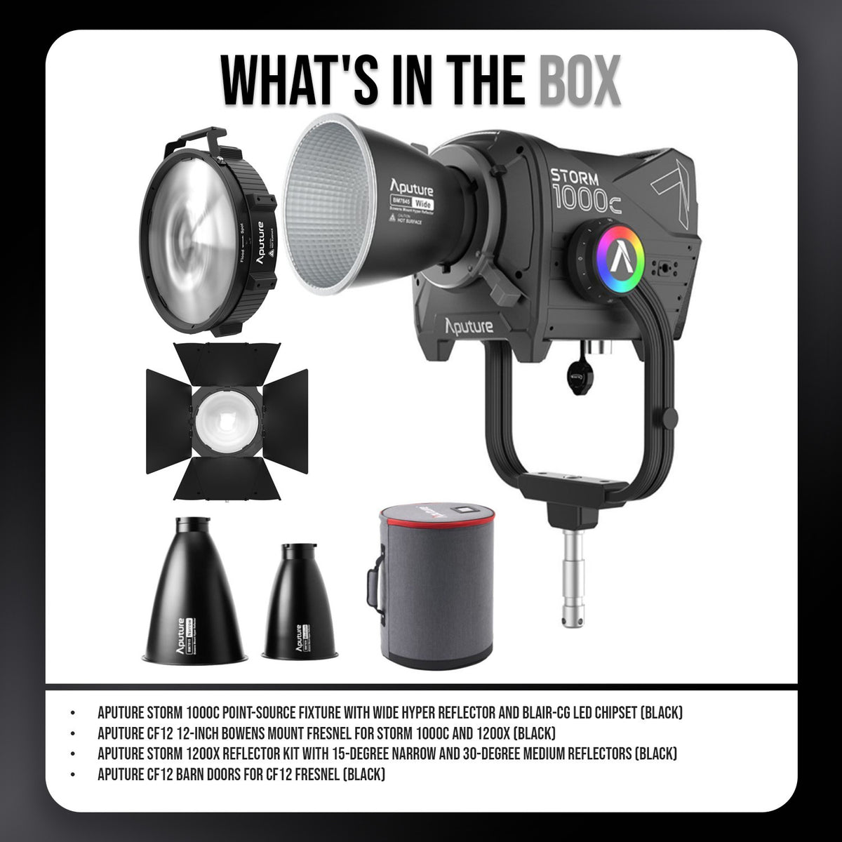 Aputure Storm 1000c Point-Source Fixture with Wide Hyper Reflector (Black) with Black Fresnel Bundle