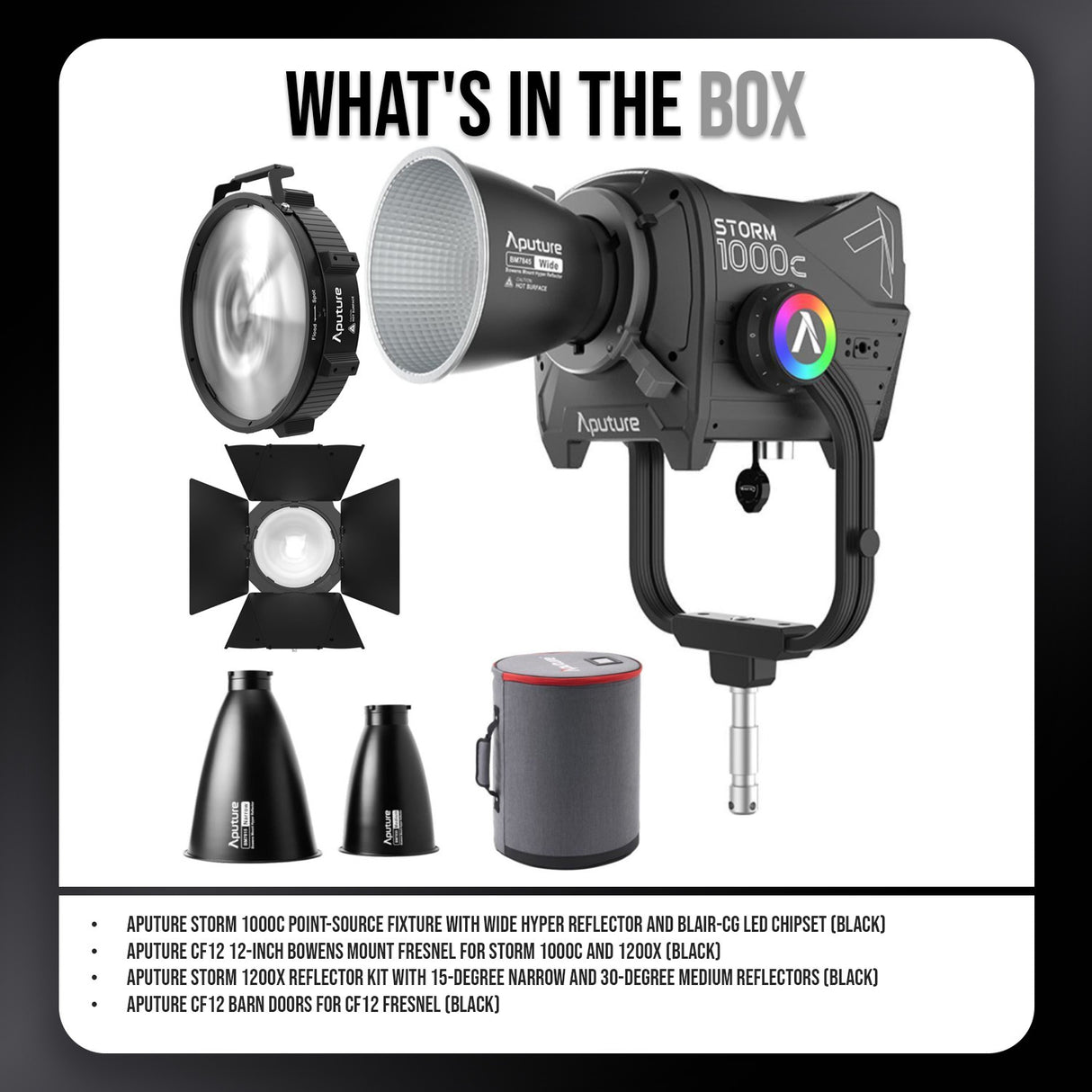 Aputure Storm 1000c Point-Source Fixture with Wide Hyper Reflector (Black) with Black Fresnel Bundle
