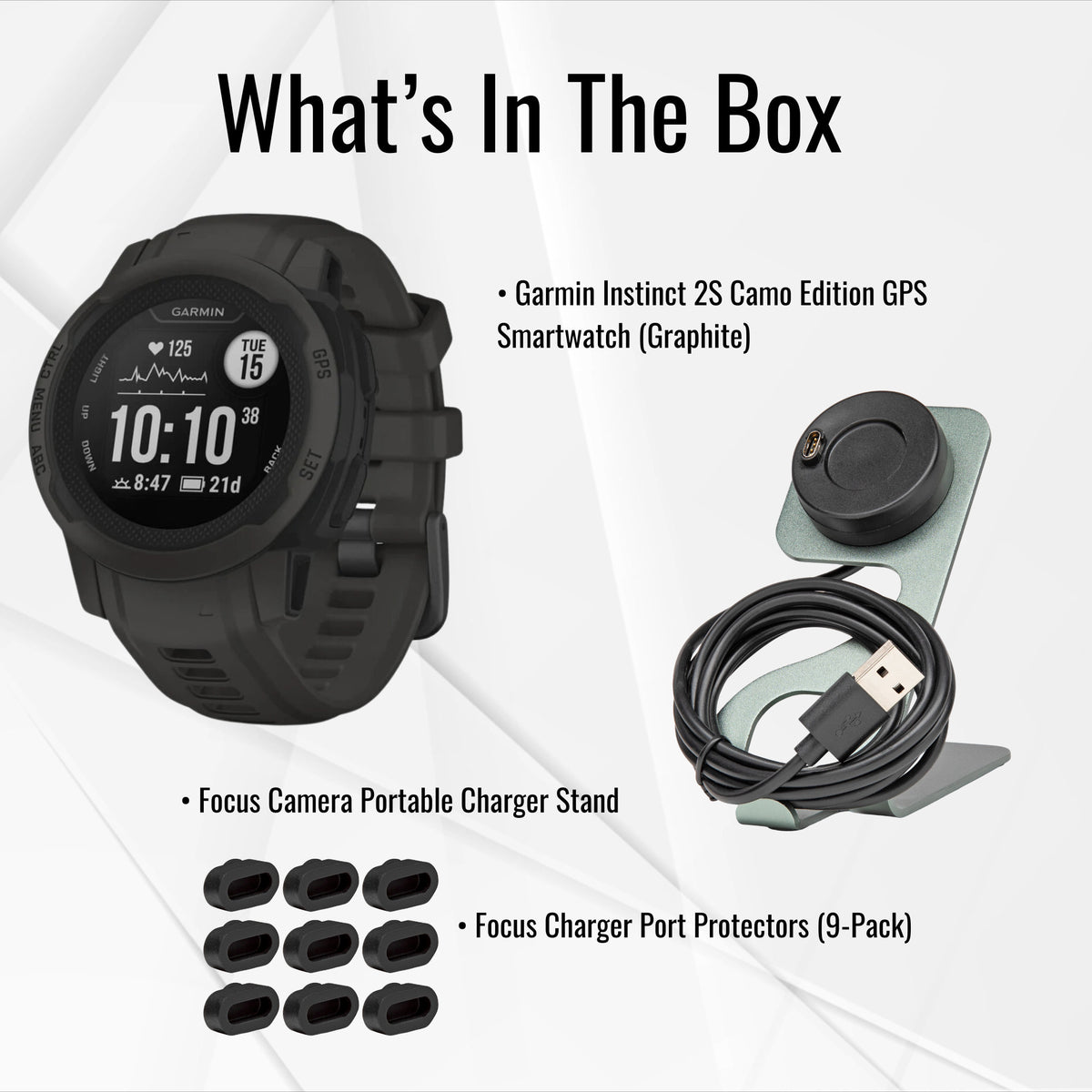 Garmin Instinct 2S GPS Smartwatch (Graphite) with Charger Stand and Port Protectors (9-Pack) Bundle