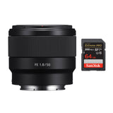 Sony FE 50mm f/1.8 Lens with 64GB Memory Card Bundle