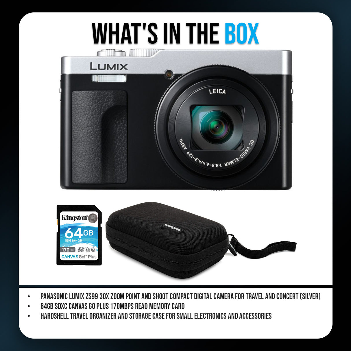 Panasonic LUMIX ZS99 30x Zoom Point and Shoot Compact Digital Camera (Silver) and Memory Card Bundle