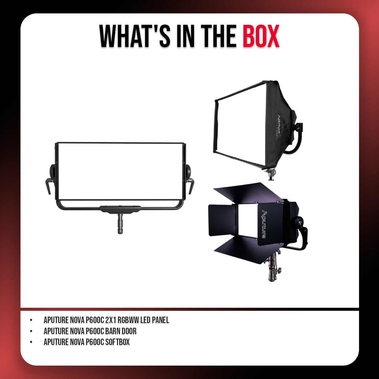 Aputure Nova P600C 2x1 RGBWW LED Panel with Nova P600c Barn Door and Nova P600c Softbox Bundle