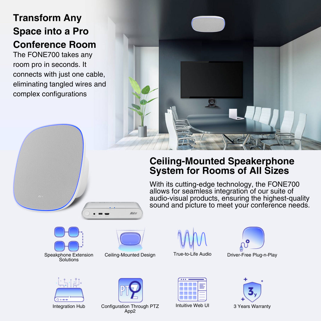 AVer FONE700 Ceiling Speakerphone System with Noise Suppression and VB130 4K Videobar (White) Bundle