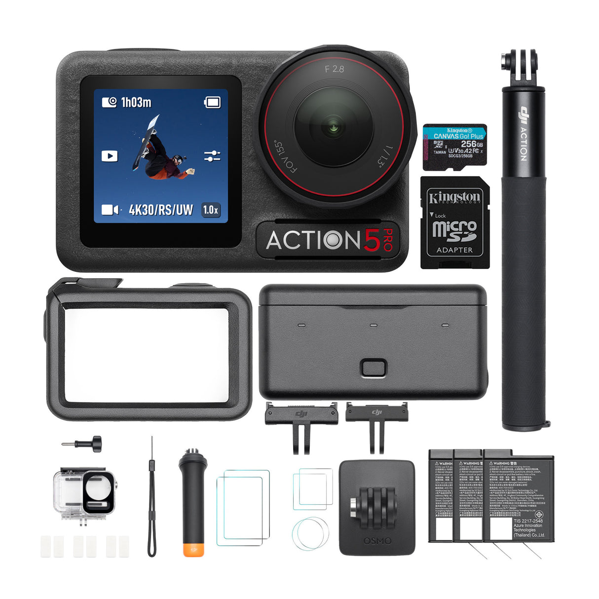 DJI Osmo Action 5 Pro Adventure Combo with Diving Gear, 256GB MicroSD Card and Screen Protectors