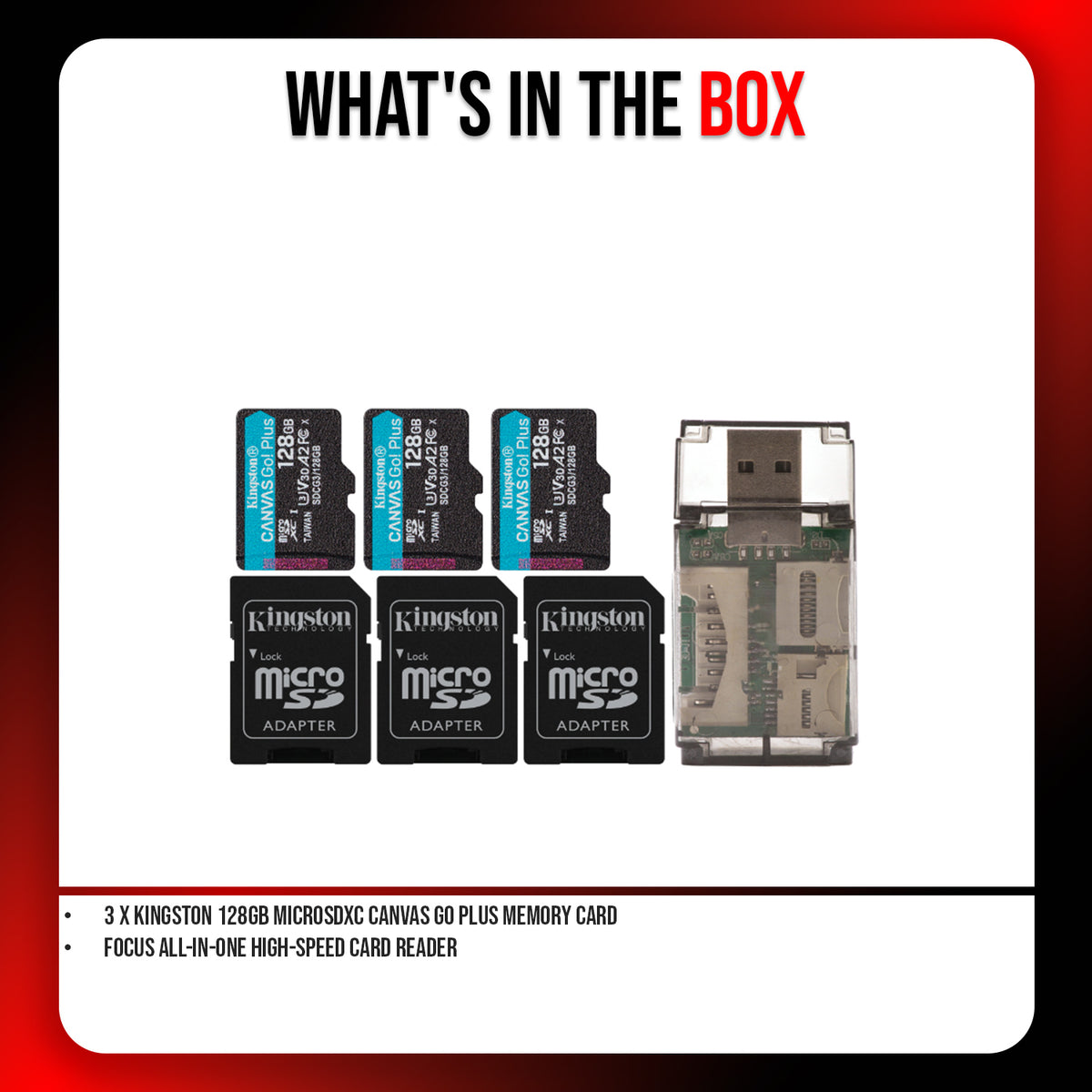 Kingston 128GB MicroSDXC Canvas Go Plus Memory Card (3-Pack) with High-Speed Card Reader Bundle