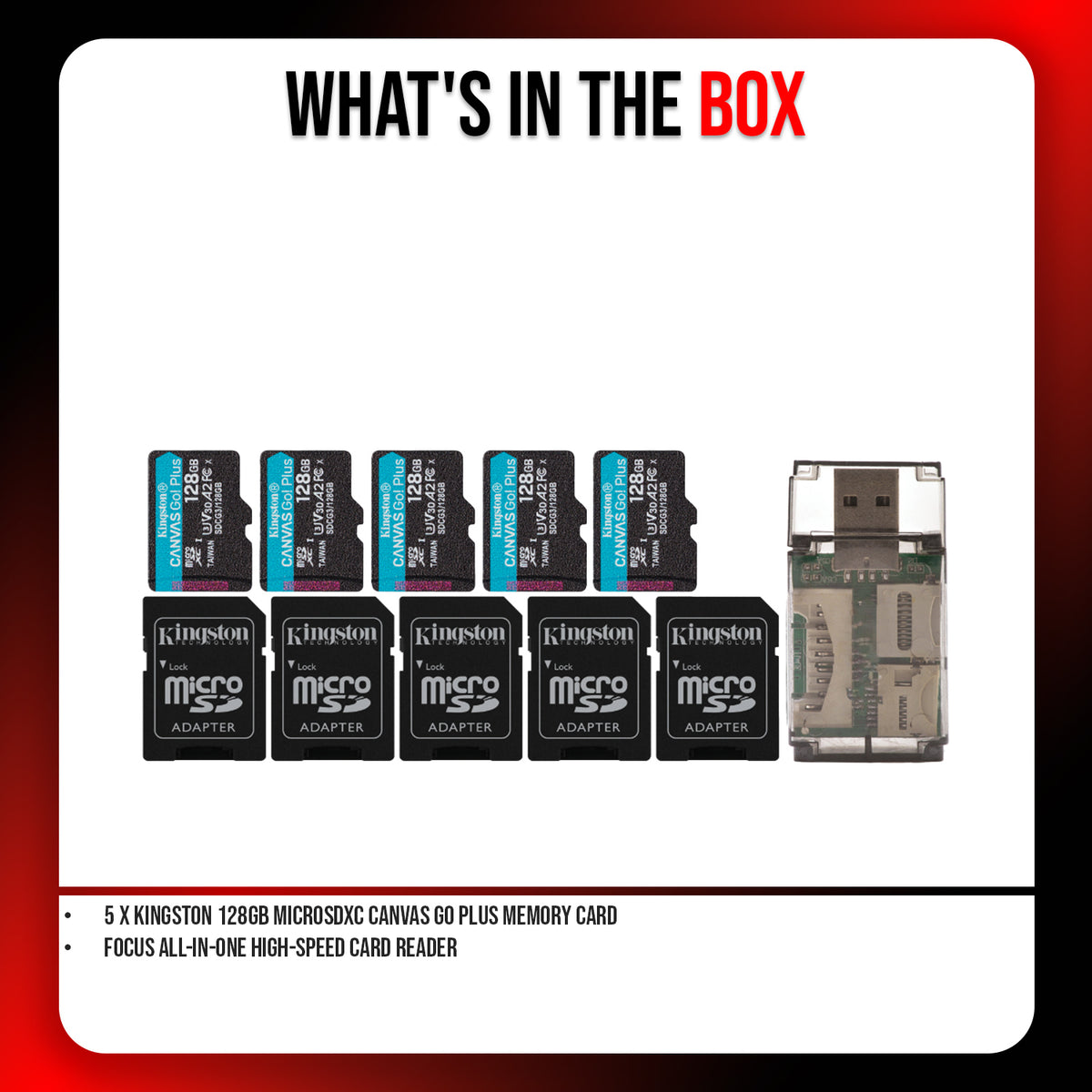 Kingston 128GB MicroSDXC Canvas Go Plus Memory Card (5-Pack) with High-Speed Card Reader Bundle