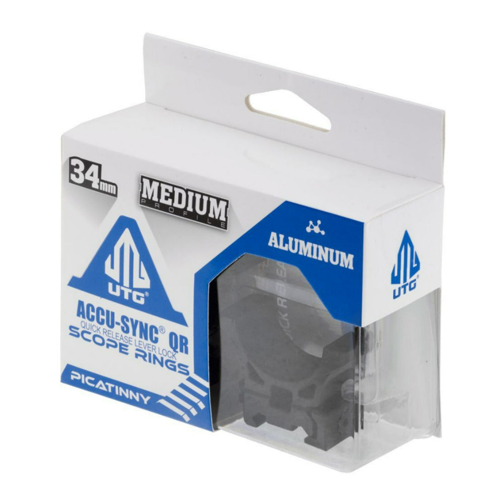 UTG ACCU-SYNC 34mm Picatinny Scope Rings with Locking Quick Release Lever (Black, Medium Profile)