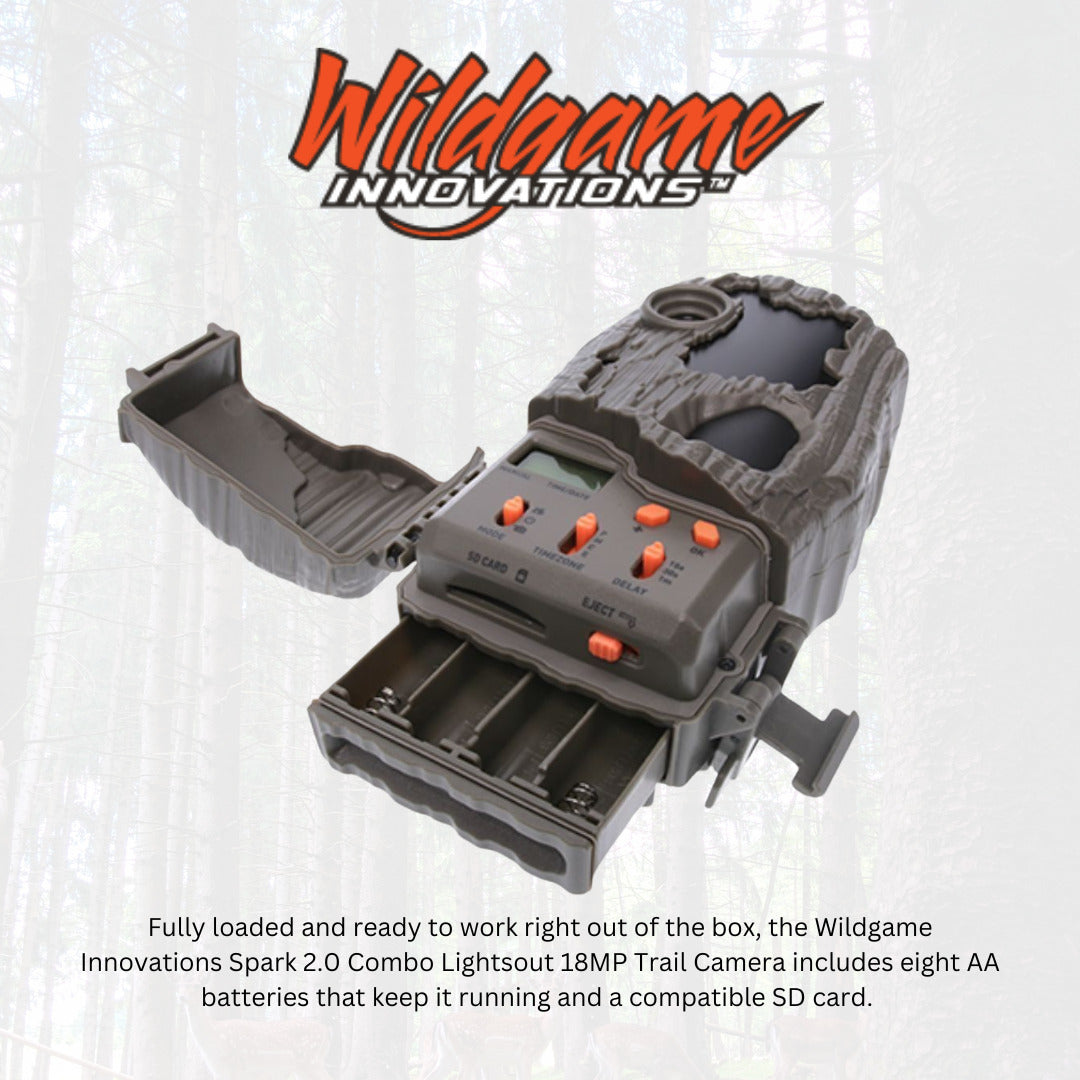 Wildgame Innovations Spark 2.0 Combo Lightsout 18MP Trail Camera with 70-Feet Detection Range Bundle