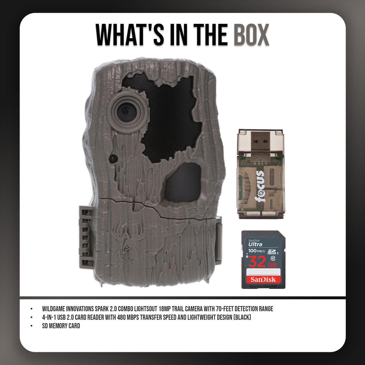 Wildgame Innovations Spark 2.0 Combo Lightsout 18MP Trail Camera with 70-Feet Detection Range Bundle