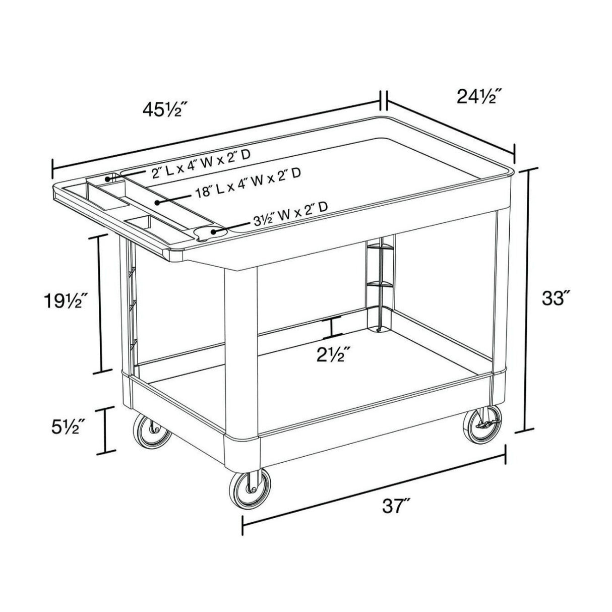 Luxor XLC11-B Two-Shelf Heavy Duty Utility Cart with Thermoplastic Resin Body (Black)