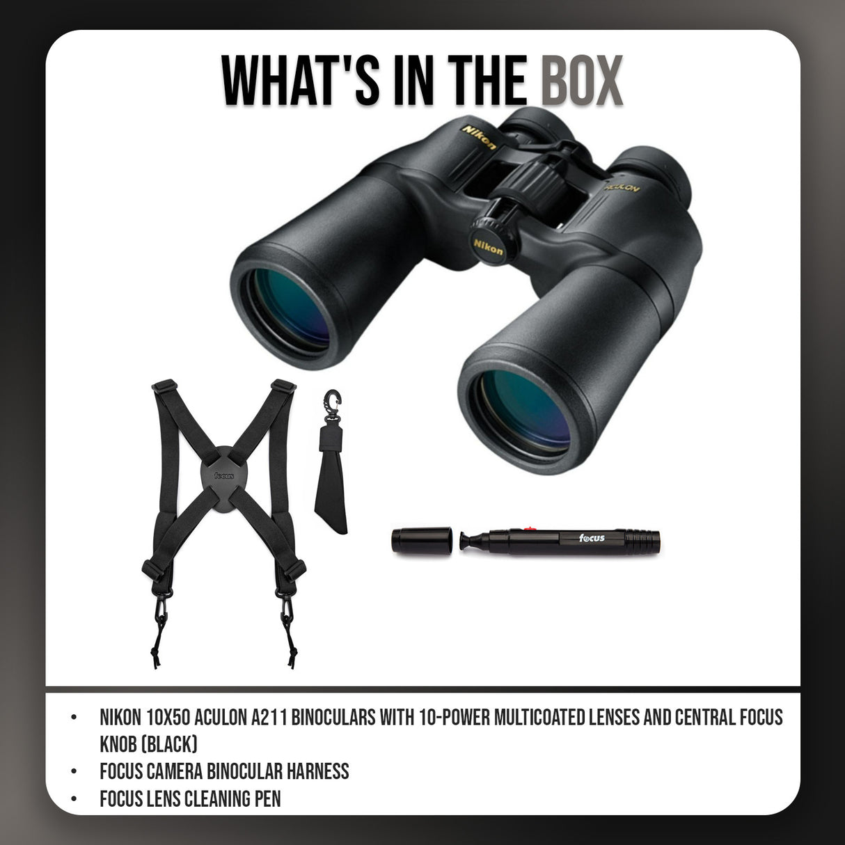 Nikon 10x50 ACULON A211 Binoculars with 10-Power Multicoated Lenses (Black) with Harness Bundle