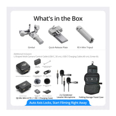 DJI RS 4 Mini Gimbal Stabilizer with Mic Mini (2 TX+ 1 RX+ Charging Case), Case, and 2 Lavalier Mics