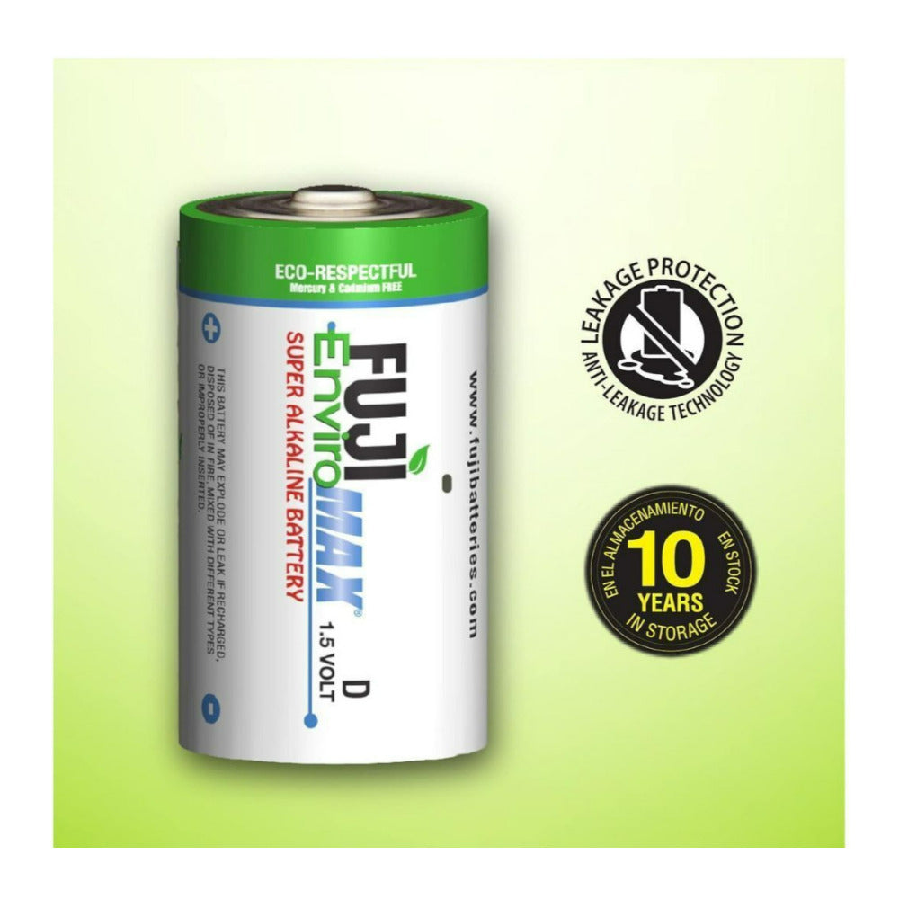 Fuji EnviroMAX D Super 1.5V 4100mAh Alkaline Battery for Clocks, Radios, and Smoke Detector (2-Pack)
