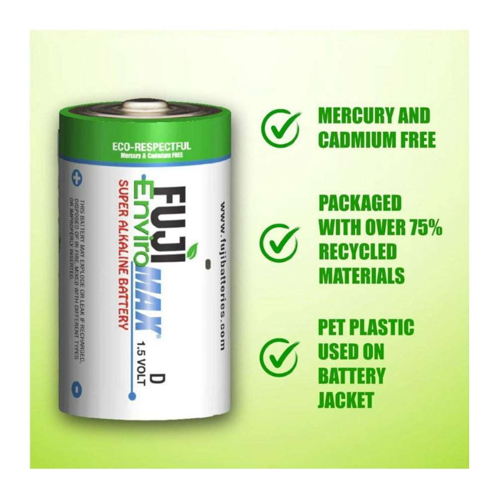 Fuji EnviroMAX D Super 1.5V 4100mAh Alkaline Battery for Clocks, Radios, and Smoke Detector (2-Pack)