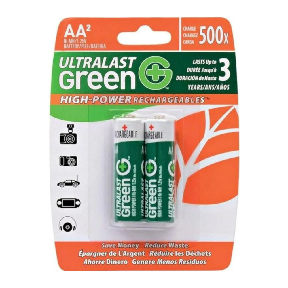 Ultralast Green High-Power 2400mAh 1.2V NiMH Rechargeable AA Battery for Radio and Cameras (2-Pack)