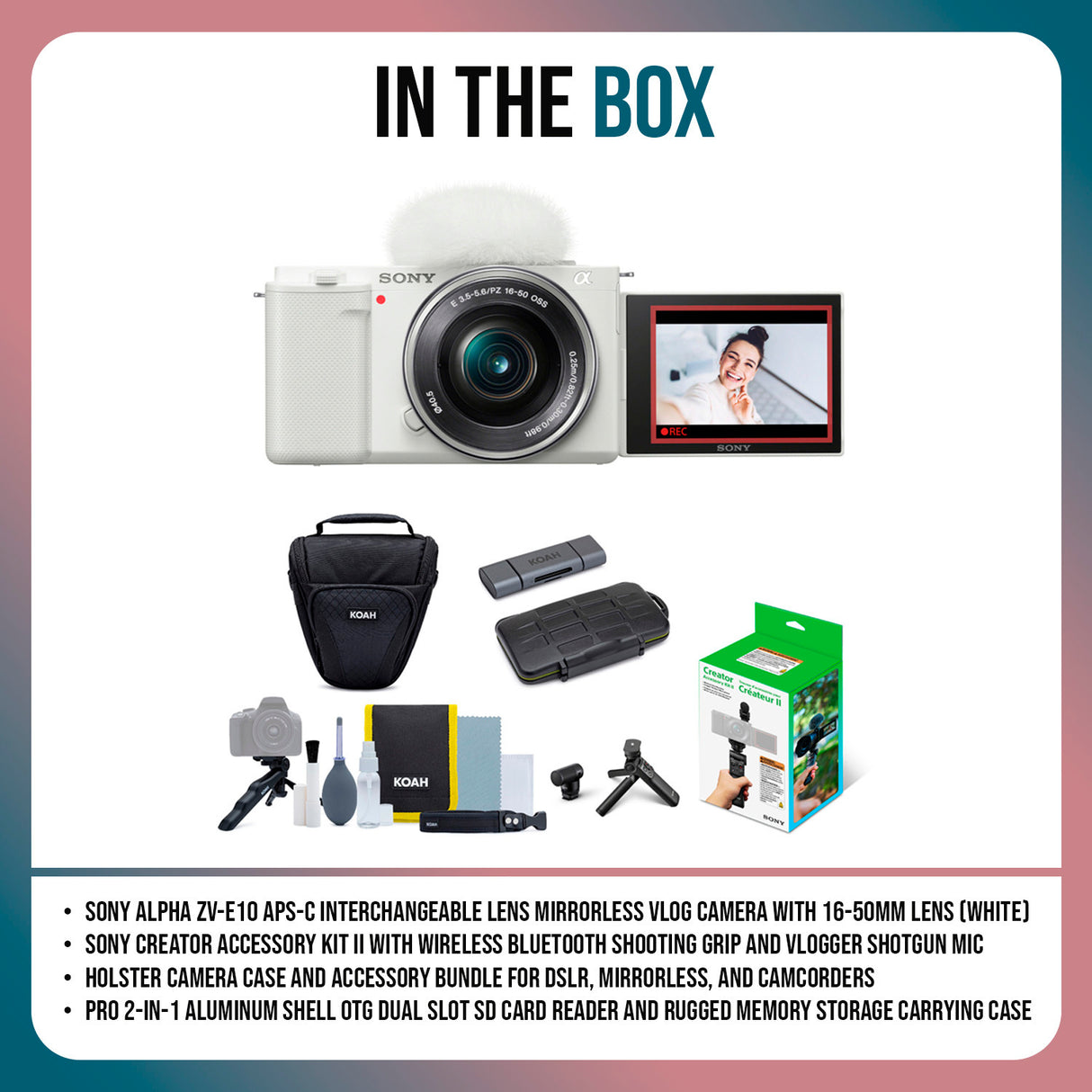 Sony Alpha ZV-E10 APS-C Mirrorless Vlog Camera with 16-50mm Lens (White) and Accessory Kit II Bundle