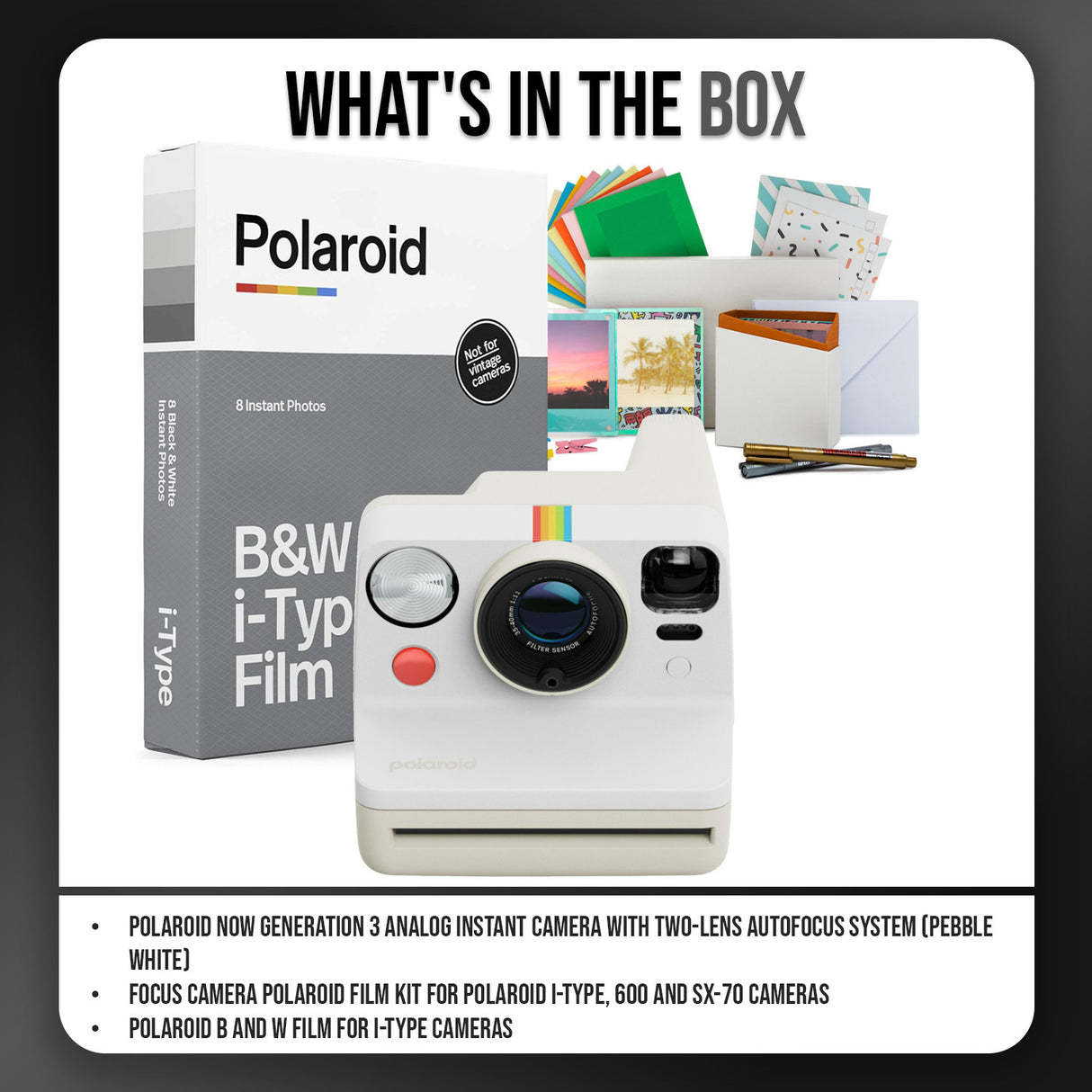 Polaroid Now Generation 3 Analog Instant Camera with Two-Lens Autofocus System (Pebble White) Bundle