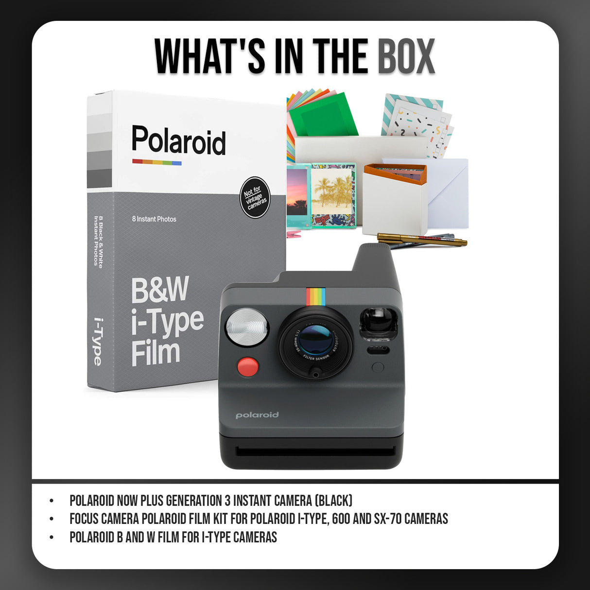 Polaroid Now Plus Generation 3 Instant Camera with Built-In Tripod Mount and Film Kit (Black) Bundle