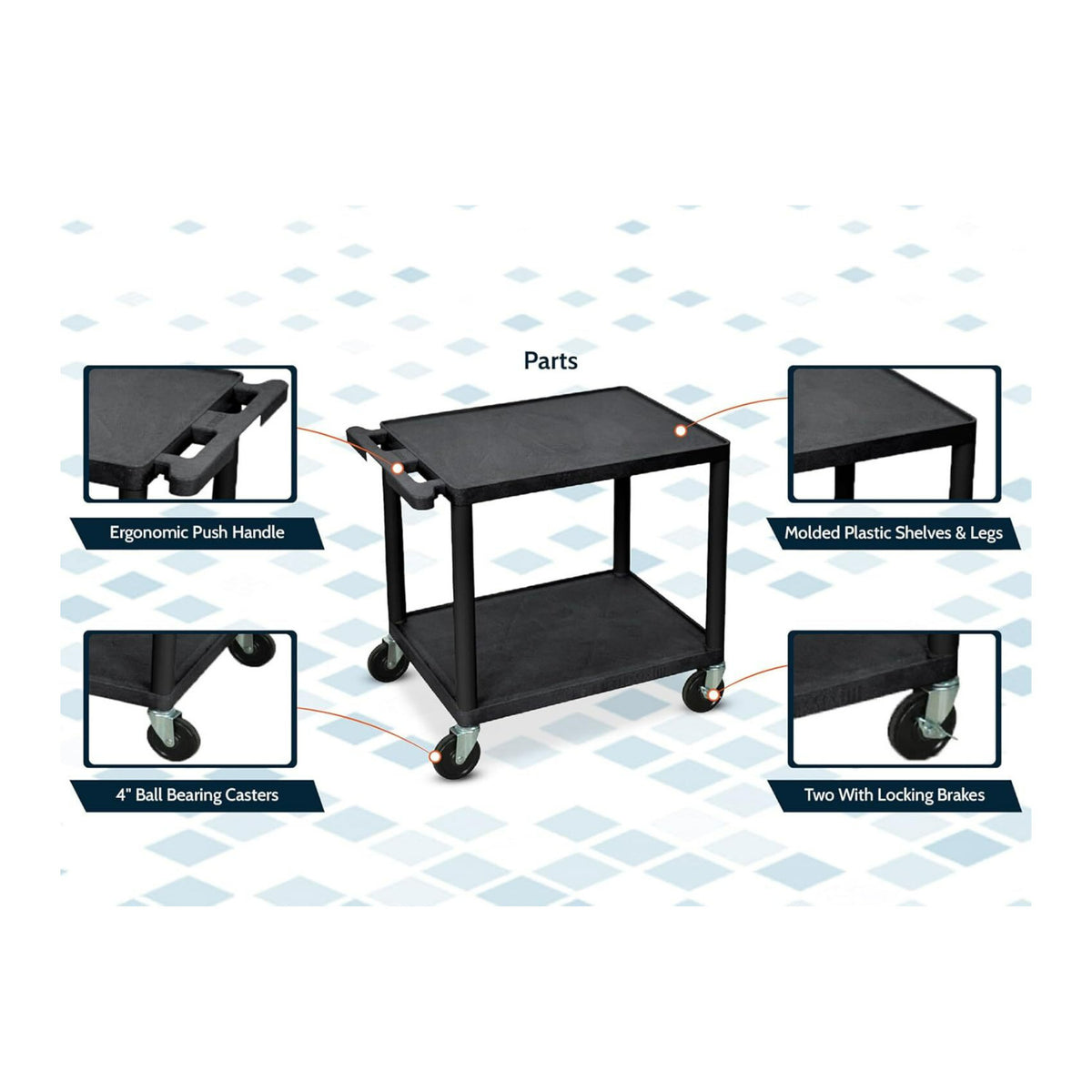 Luxor 26-Inch 2-Shelf Multipurpose AV Cart with Push Handle and 4-Inch Ball Bearing Casters (Black)