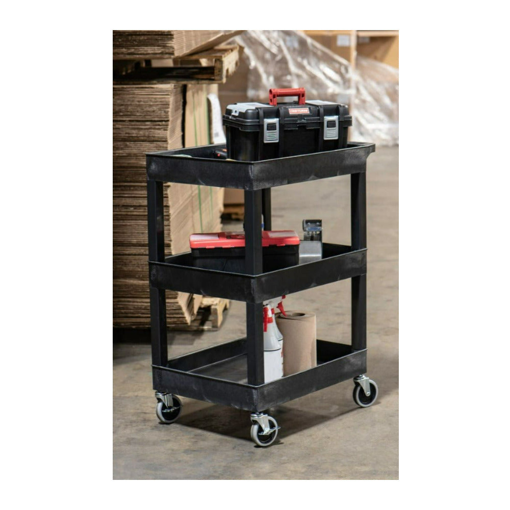Luxor SEC111-B 24 x 18 Inch Plastic Utility Tub Cart with Three Shelves and Ergonomic Handle (Black)