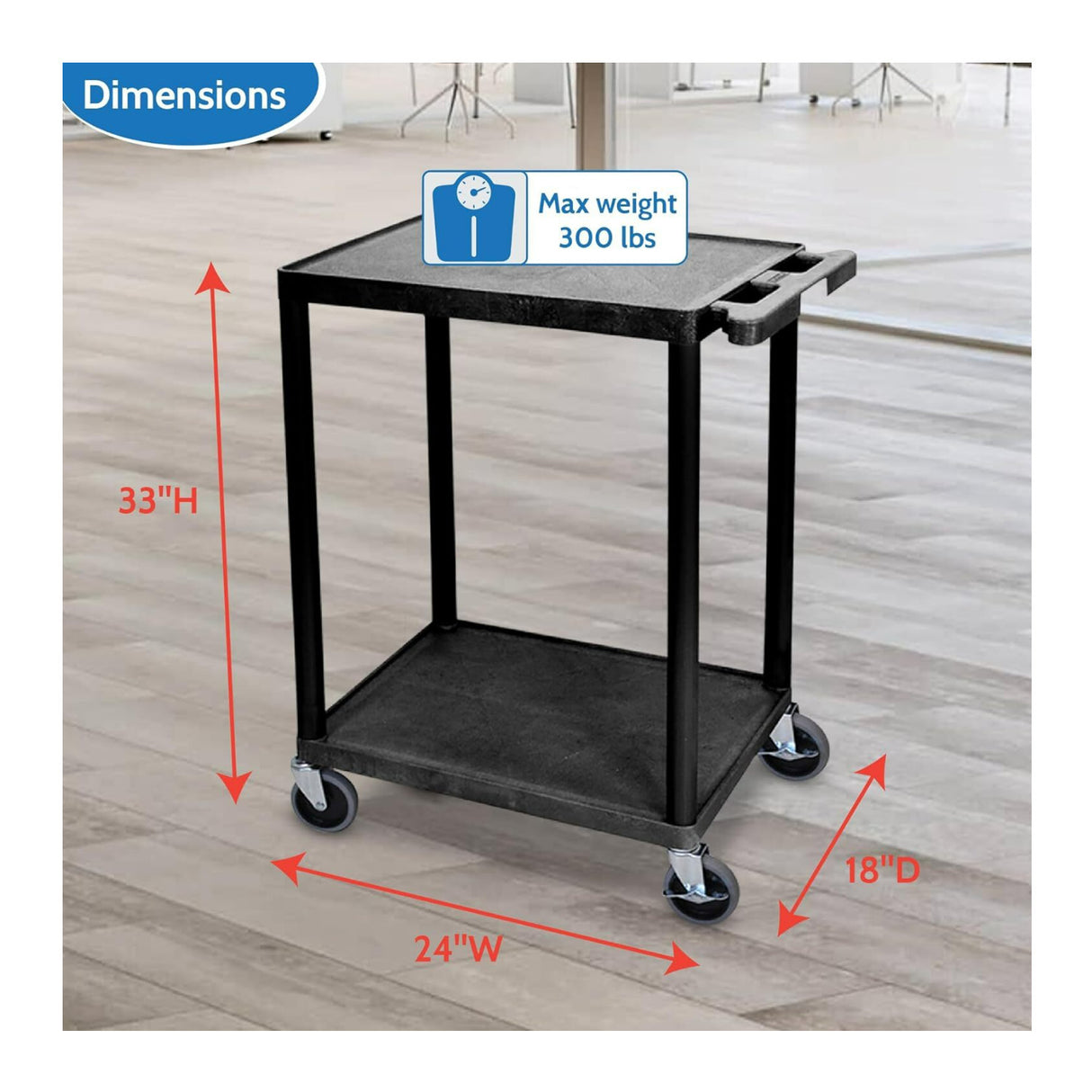 Luxor STC22-B Multipurpose Utility Cart with 2 Shelves and Thermoplastic Resin Body (Black)