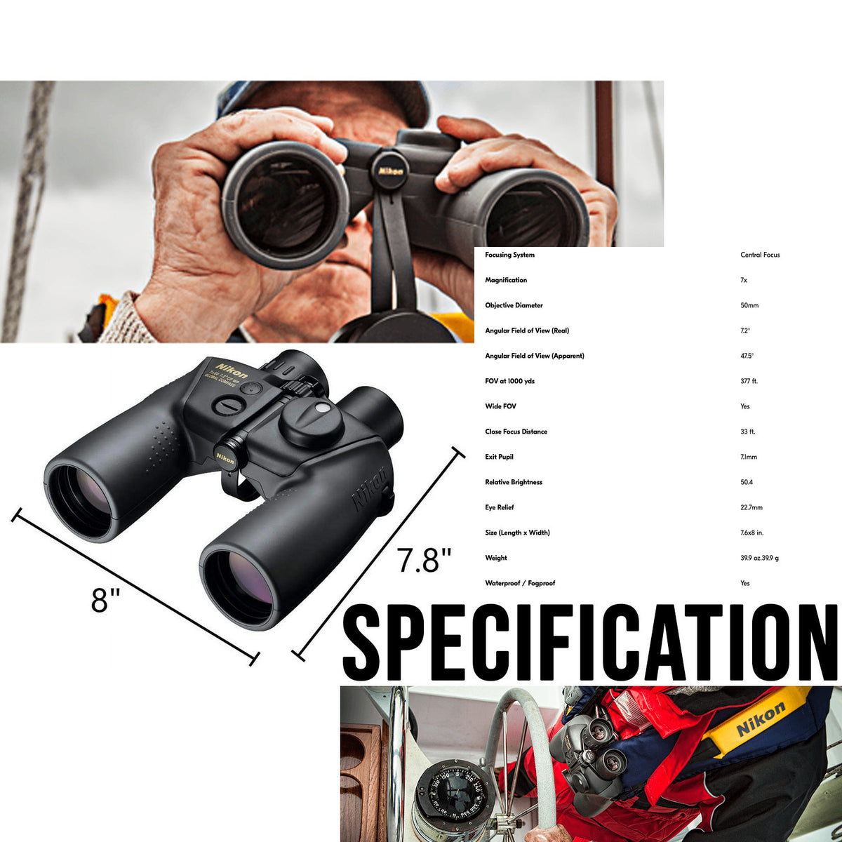 Nikon 7x50 OceanPro CF WP Global Compass Marine Binocular with Polycarbonate Body (Black) Bundle
