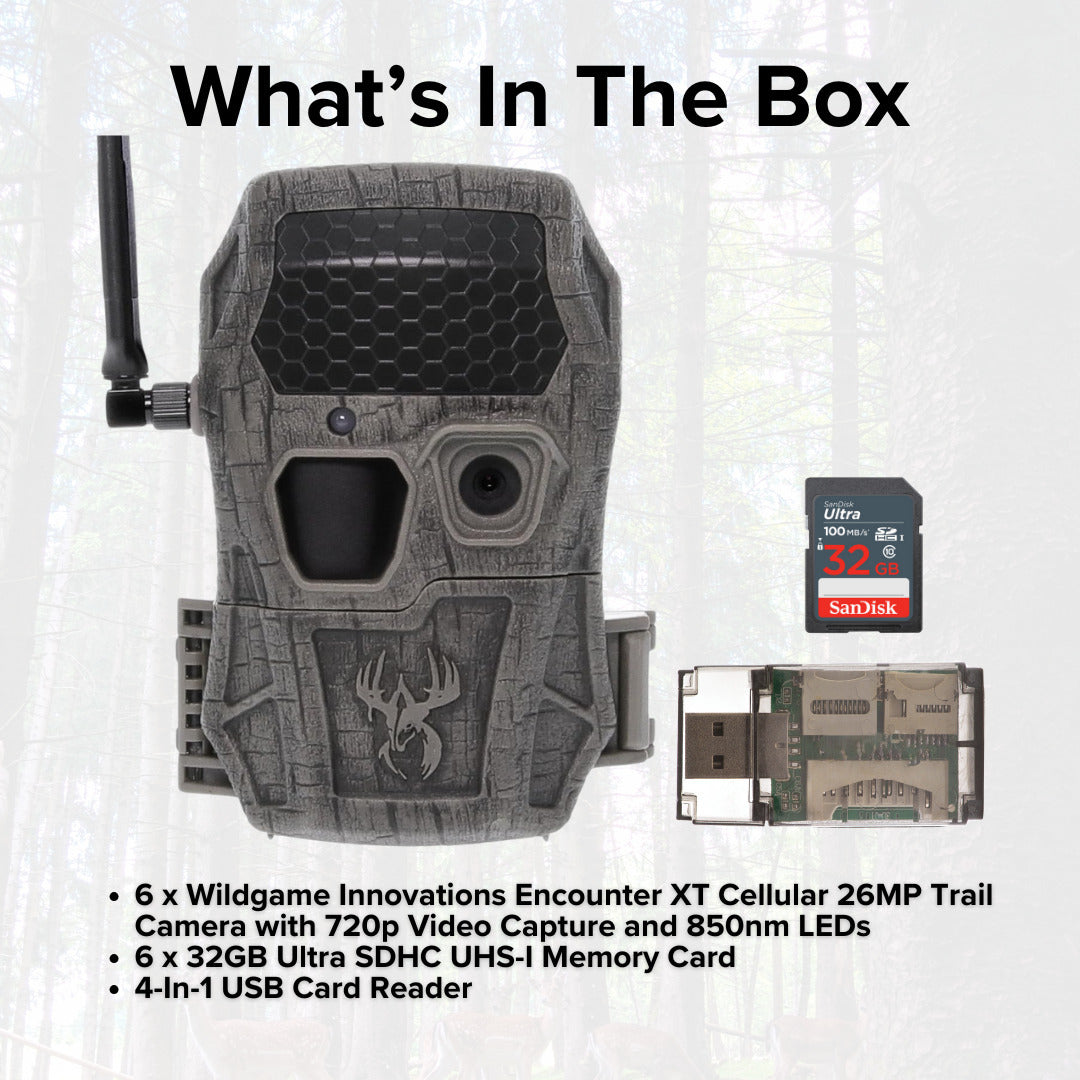 Wildgame Innovations Encounter XT Cellular 26MP Trail Camera with 720p Video (6-Pack) Bundle
